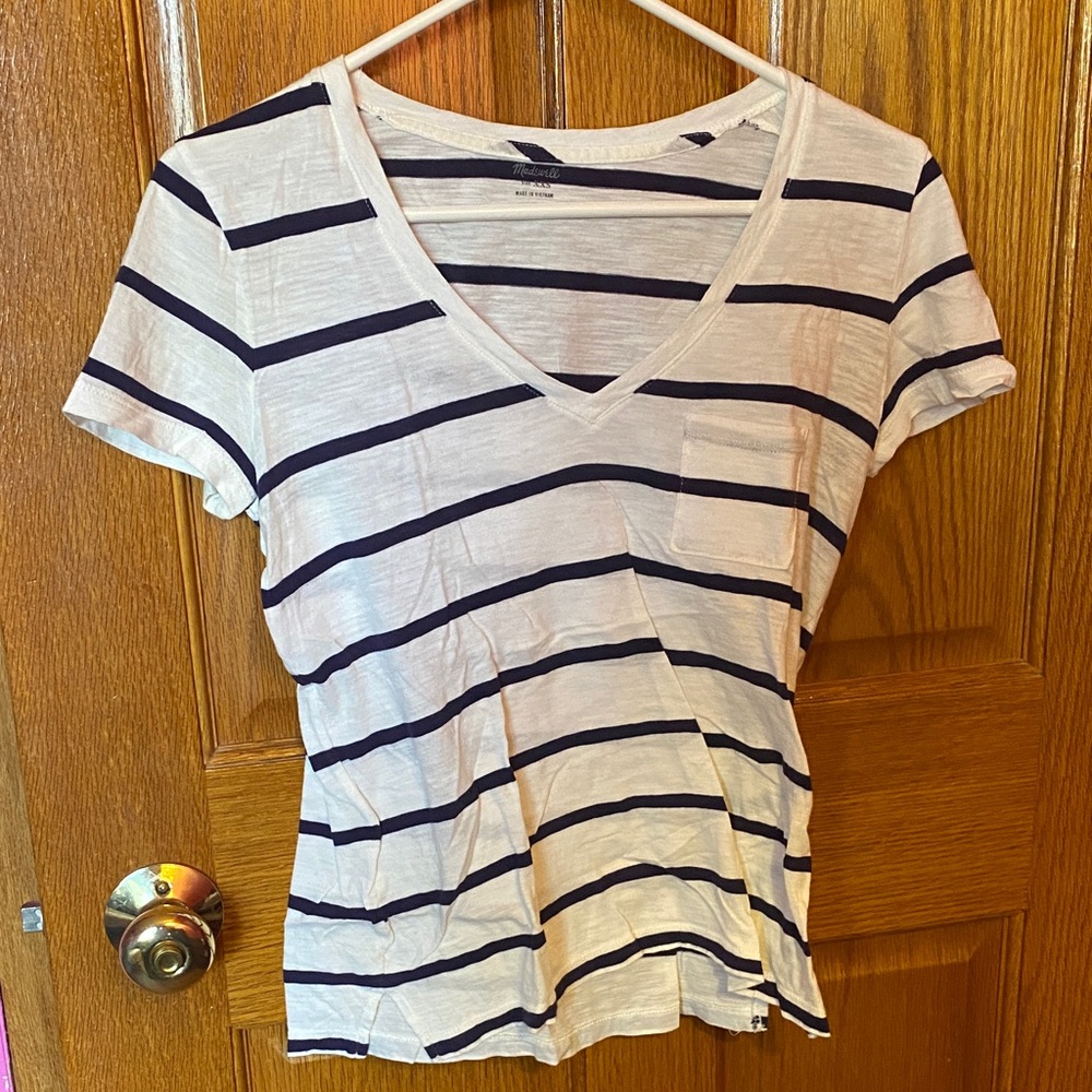 Madewell V-Neck Tee with Navy and Cream Stripes